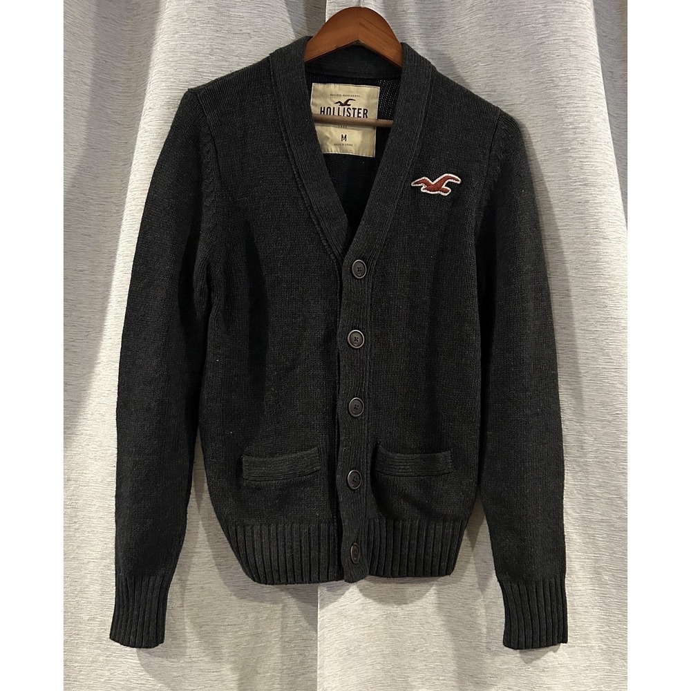 Hollister Cardigan Sweater Mens Medium Gray V Neck Logo Preppy Academia
